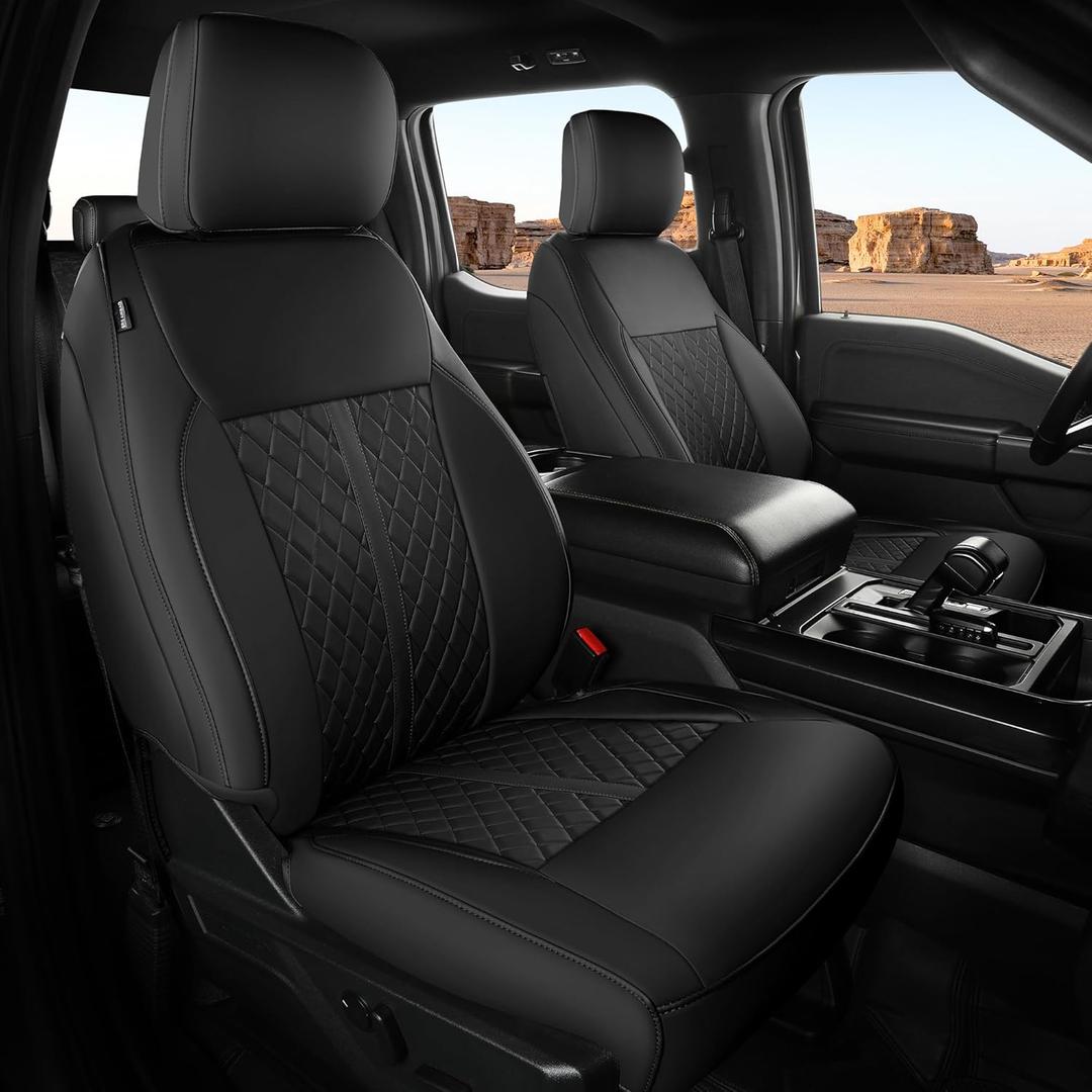 for Ford F150 Leather Seat Covers, SuperCrew XL XLT 2021-2025, F250 F350 F450 Super Duty Crew Cab 2023-2025, Custom Truck Seat Cover Full Set, Pickup Accessories, Black (Bucket Seat)