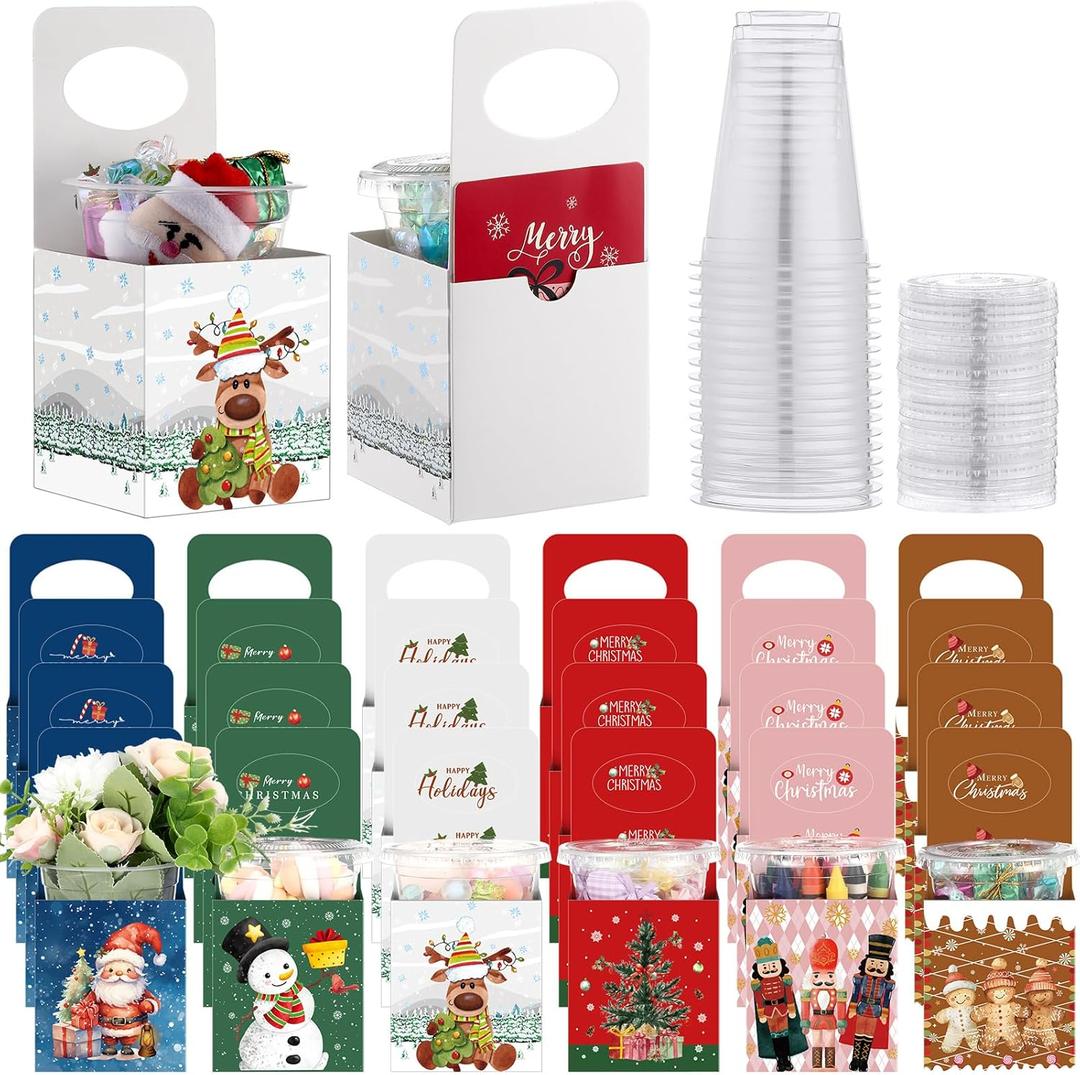 24 Set Christmas Novelty Gift Card Holders Cupholders with Disposable Clear Plastic Cups 6 Style for Holiday Gifts Wrapping Xmas Party Favors Supplies