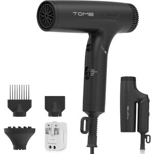 TOME Dual Voltage Travel Hair Dryer, Foldable Blow Dryer, DC Motor, 1200W Fast Drying, Cool Shot, 3 Heat 3 Speed, Nozzle, Diffuser, 120240V Universal Adapter Black