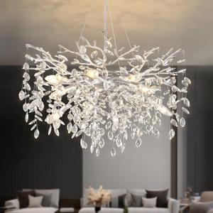 EGM 32-Inch Silver Tree Branch Chandelier for Living Room, Modern Crystal Chandelier for Bedroom, 10-Light Silver Crystal Chandeliers for Dining Room, Raindrop Leaf Chandeliers for Home Dcor, E12