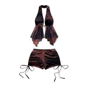 RoseSeek Women's 2 Piece Outfits Tie Dye Mesh Rave Going Out Clothes Backless Halter Tops Drawstring Short Set Brown Medium