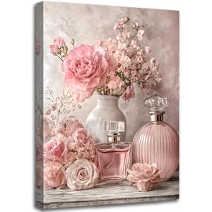 HJYQLN Pink Rose Perfume Canvas Wall Art,French Flower Picture Wall Decor, 24"L x 16"W
