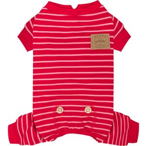 KYEESE Dog Pajamas, Stretchable Velvet Fleece 4 Legs Doggie Jammies, Striped Jumpsuit Pet Onesie, Cozy Outfit Comfortable Dog Clothes, Hair Shedding Cover Pet Sleepwear,Red Striped, Medium (Medium (11-16lbs))