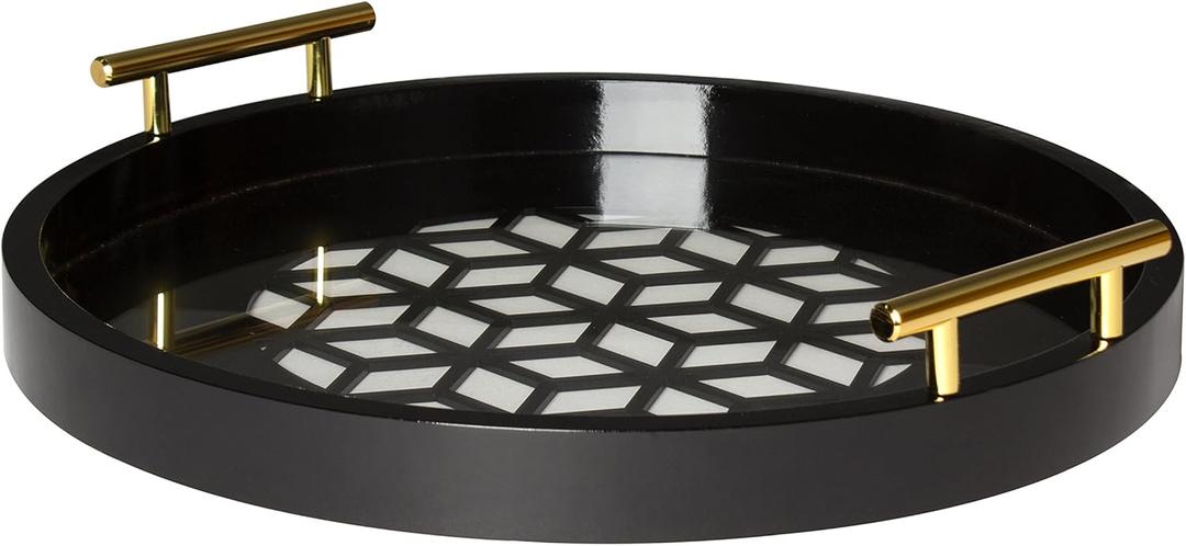 Kate and Laurel Caspen Round Cut Out Pattern Decorative Tray with Gold Metal Handles, Black (15.5")