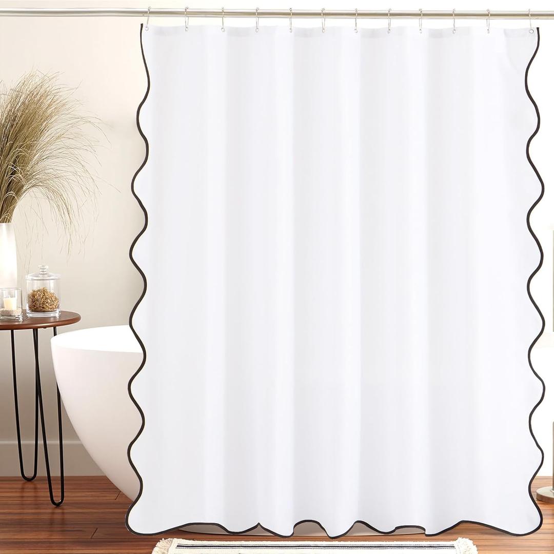 ORTIGIA White Shower Curtain with Black Scalloped Edge 72 W x 84 H Inch, Black and White Shower Curtains Cute Aesthetic Pretty Preppy Waterproof Fabric Bath Bathroom Decor with Metal Hook