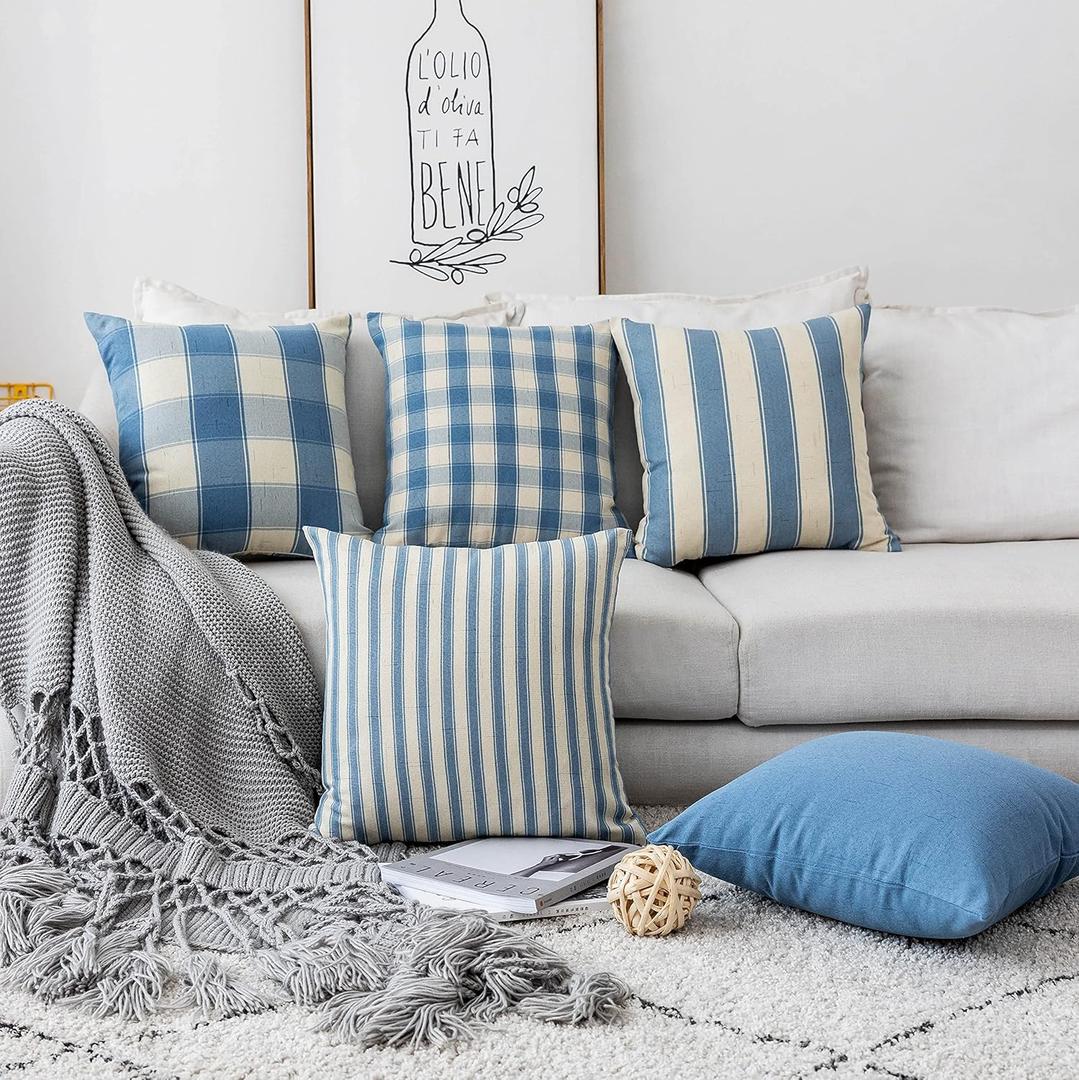 Home Brilliant Throw Pillow Covers Decorative Striped Checker Solid Square Farmhouse Pillow Covers Set for Couch Living Room, 5 Pieces, 18x18 inch (45cm), Dusk Blue