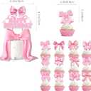 46Pcs Pink Bow Birthday Party Decorations Include Happy Birthday Banner-Cake Topper-Cupcake Toppers-Balloons-Backdrop for 7th Birthday Decorations for Girls