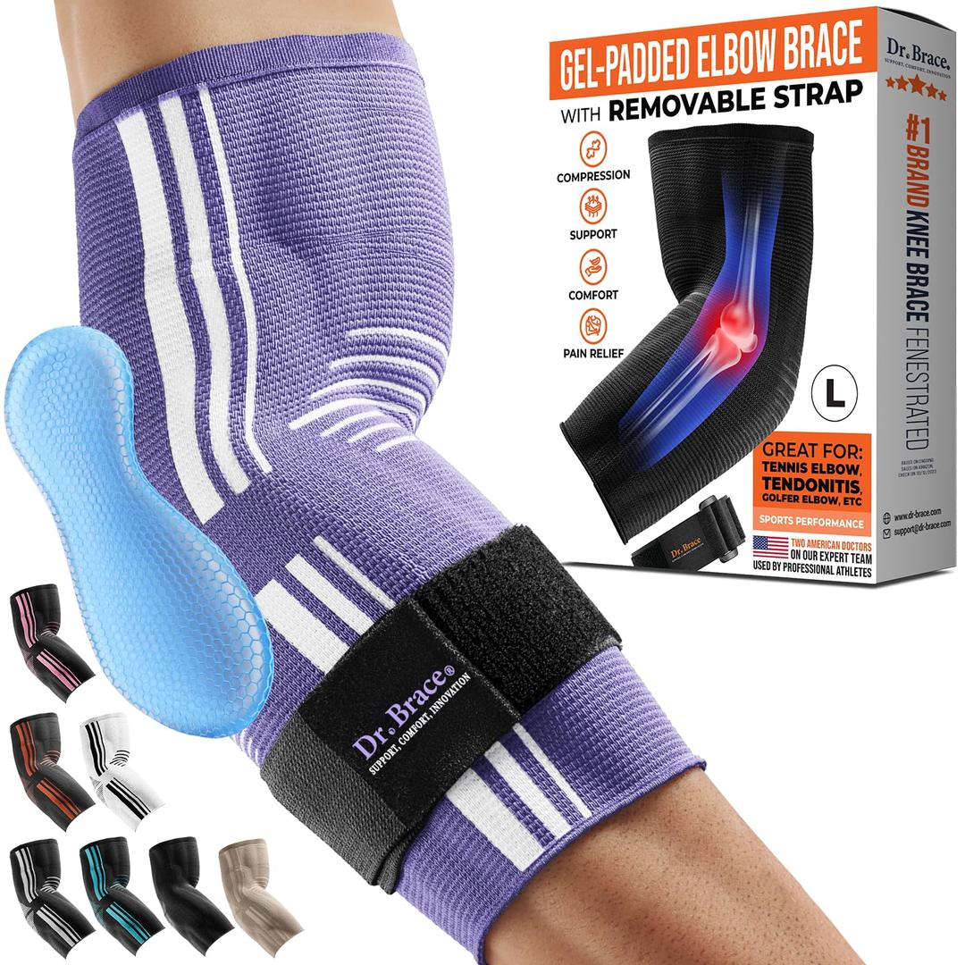 DR. BRACE® Elite Elbow Brace Support, Breathable Elbow Compression Sleeve with Gel Pad for Golfer's, Tennis Elbow & Tendonitis Treatment & Pain Relief 2024 (Purple-White, Large)
