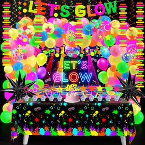 Neon Birthday Party Decoration Glow in The Dark Party Supplies Let's Glow Backdrop Banner Neon Fluorescent Balloons Garland Arch Kit Star Hanging Swirl Black Light Reactive Glow Tape Neon Streamer