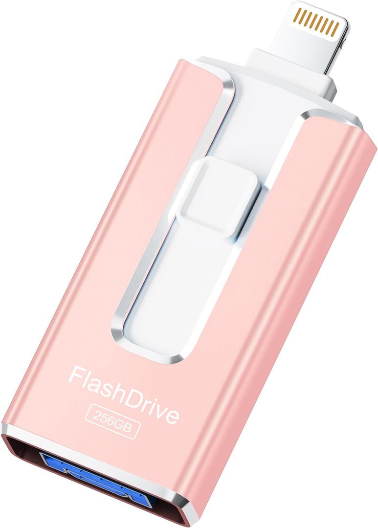 MFi Certified 256GB Flash Drive for iPhone iPad, Photo Stick for External Memory Storage, Easily Back Up and Save Photos Videos, 4 in 1 Memory Stick Thumb Drive for iPhone/iPad/Android/PC (Light Pink)