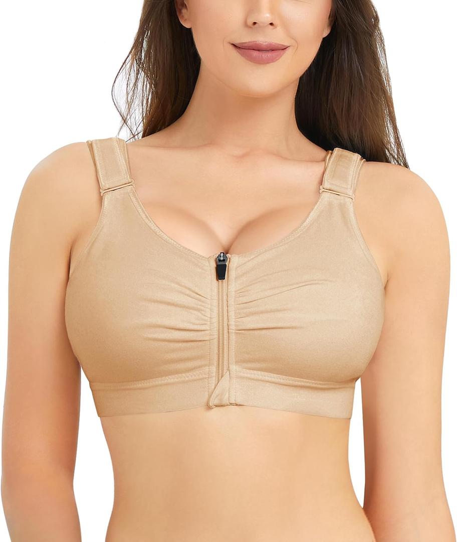 BRABIC Zip Front Closure Everyday Bra for Women Post Surgery Compression Support with Adjustable Straps Wirefree (X-Large, Beige)