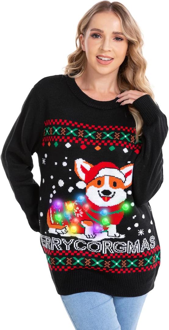 HSCTEK Light Up Women Knitted Christmas Sweater (Small, Corgi)