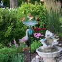 John's Studio Peacock Bird Bath for Outdoor - Glass Bowl Solar Light Cage Outside Dish Bird Feeder with Metal Stake for Garden, Yard and Patio - 32 inches