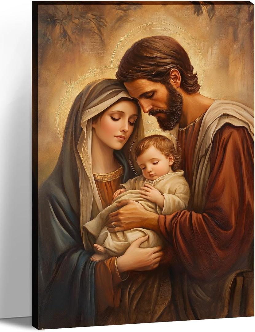 KPLUNDO Holy Family Canvas Wall Art Catholic Art Jesus and Virgin Mary Picture Christian Painting Print for Living Room Bedroom Home Decor Frame,16.00x24.00 inch