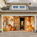 Fall Garage Door Banner 13x6FT Thanksgiving Outdoor Garage Door Cover with Pumpkins Hay Bales Autumn Leaves for Front Porch Harvest Decor Polyester Garage Backdrop Decoration
