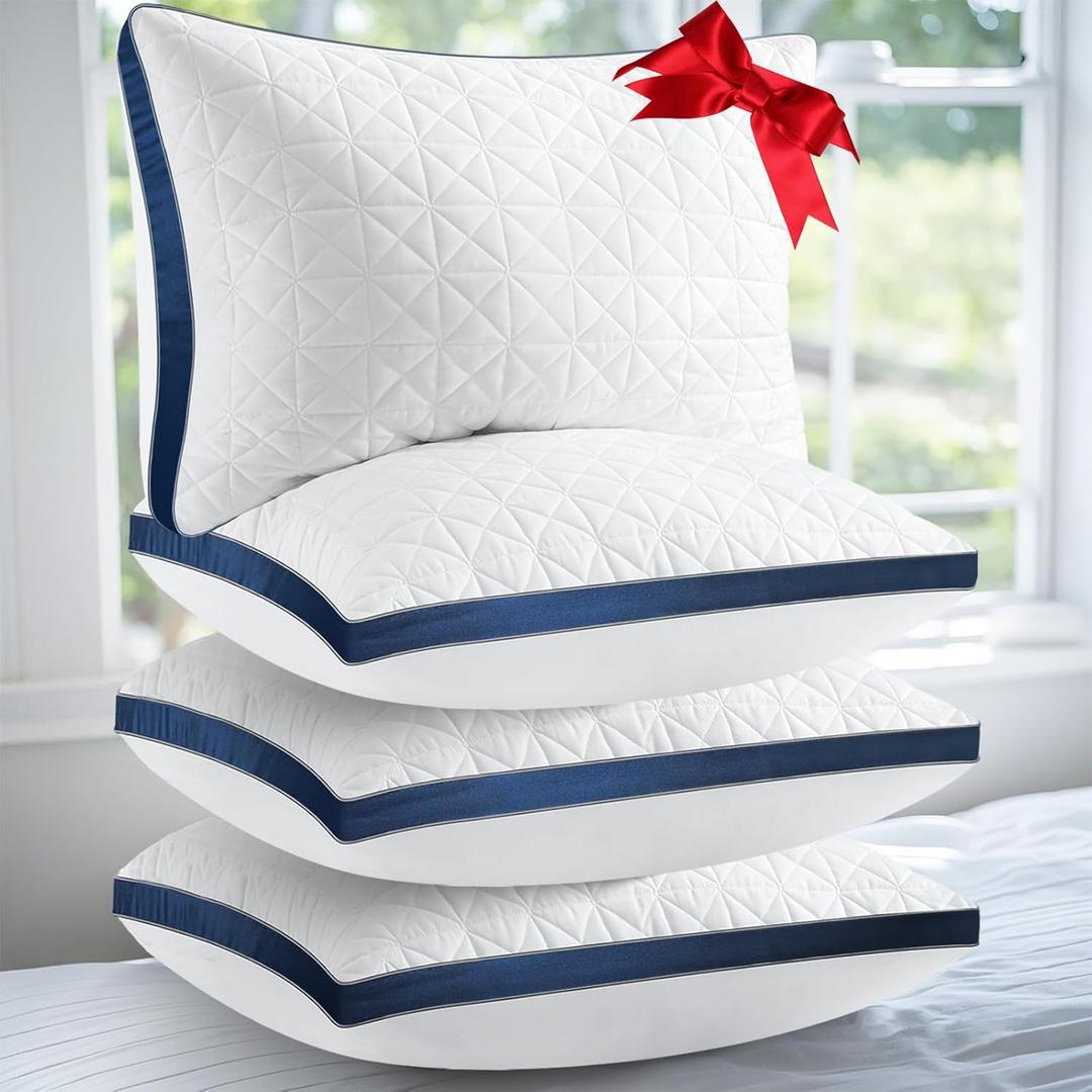 Pillows Standard Size Set of 4 Cooling Hotel Luxury Bed Pillows for Sleeping 4 Pack, Supportive Breathable Down Alternative Gusset Standard Pillow for Back Stomach or Side Sleepers (Sapphire Blue)