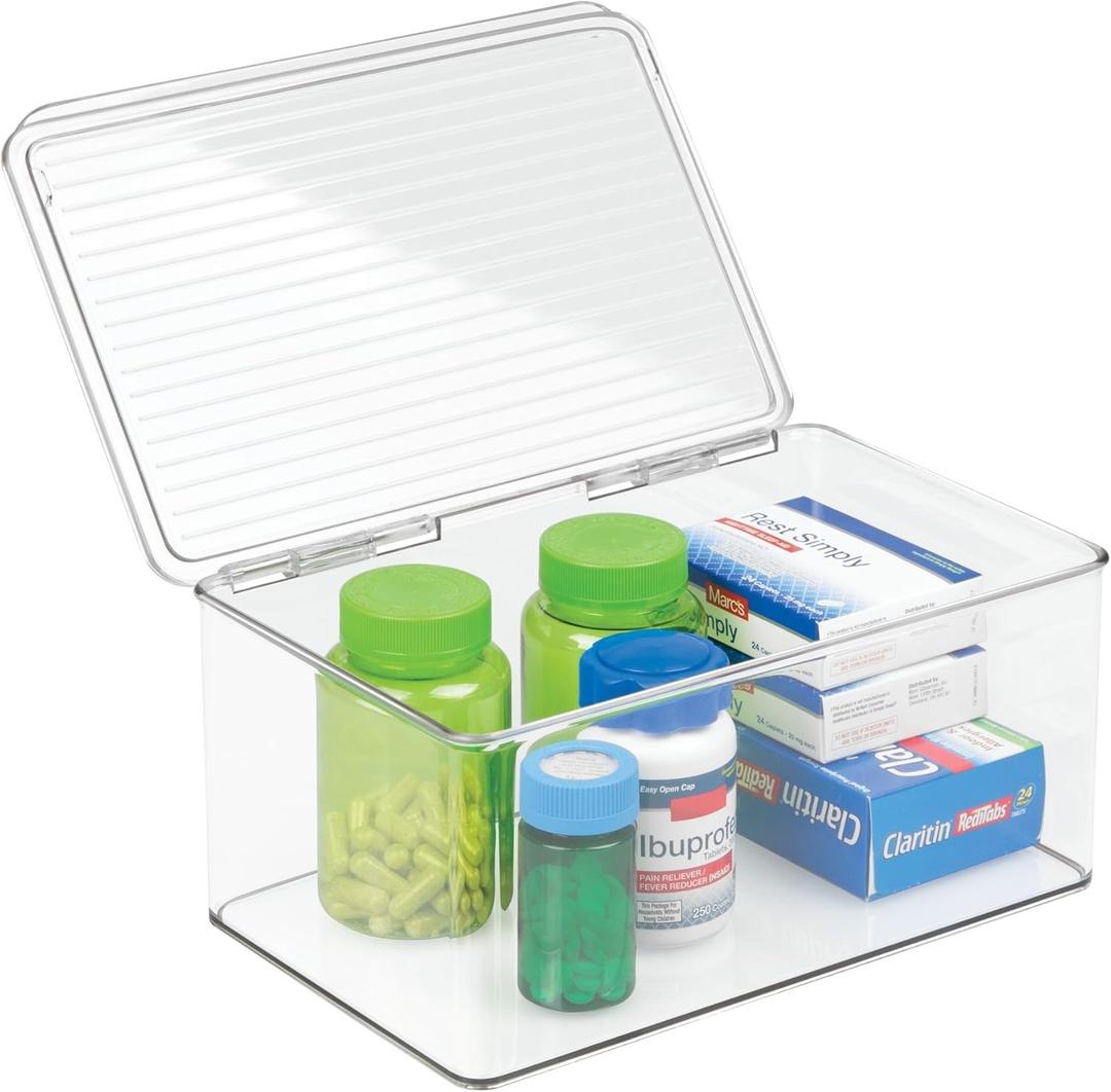 iDesign 39810 Med+ Large Plastic Bathroom Vanity Bin with Lid, Medication, Accessories, Dental Supplies, Cosmetics, BPA-Free Organizer Box, 7.25" x 10.75" x 5", Clear