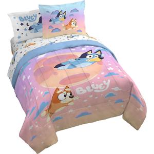 Jay Franco Bluey & Bingo Queen Comforter Set - 7 Piece Bedding Includes Sheet Set & Pillow Covers - Super Clouds & Stars Cozy Bedding
