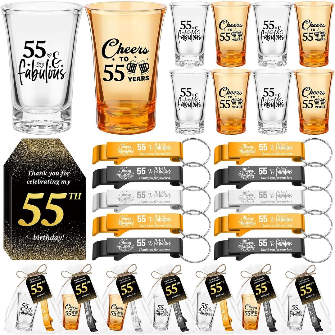 Domensi 30 sets 55th Birthday Party Favors for Guests 2 styles Acrylic Short Glasses 3 colors bottle opener Souvenir Thank You Tags with Organza Bags Twine for birthday Anniversary Wedding Shower