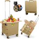 FELICON SELORSS Folding Utility Cart Portable Rolling Crate Handcart with Magnetic Sliding Lid Telescoping Handle Plastic Box Dolly 360Swivel Wheels for Travel Shop Move Office Teacher Khaki, BY10-Magnetic Extended Lid 