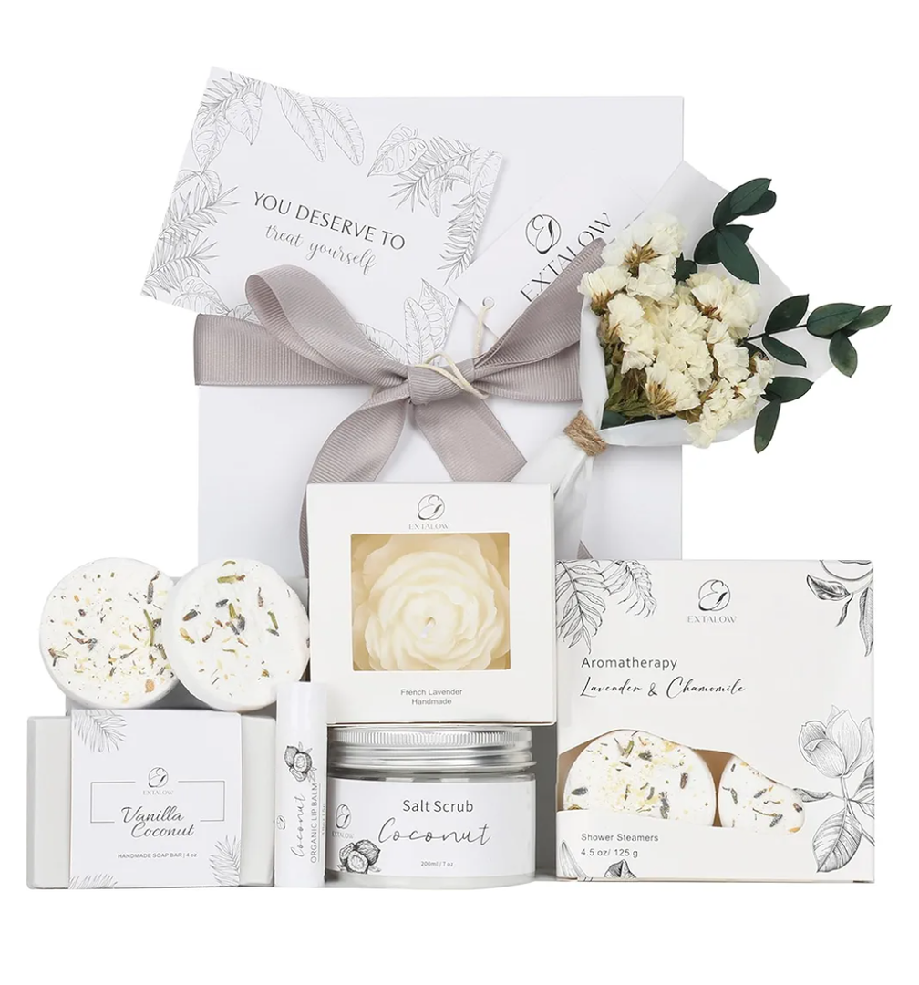 EXTALOW Spa Gifts for Women Bath and Body Gift Basket Mothers Day Gifts Coconut Lavender Home Spa Set Self Care Gift for Mom Sister Her Wife Birthday Gifts Spa Kit Care Package Thank You Gift