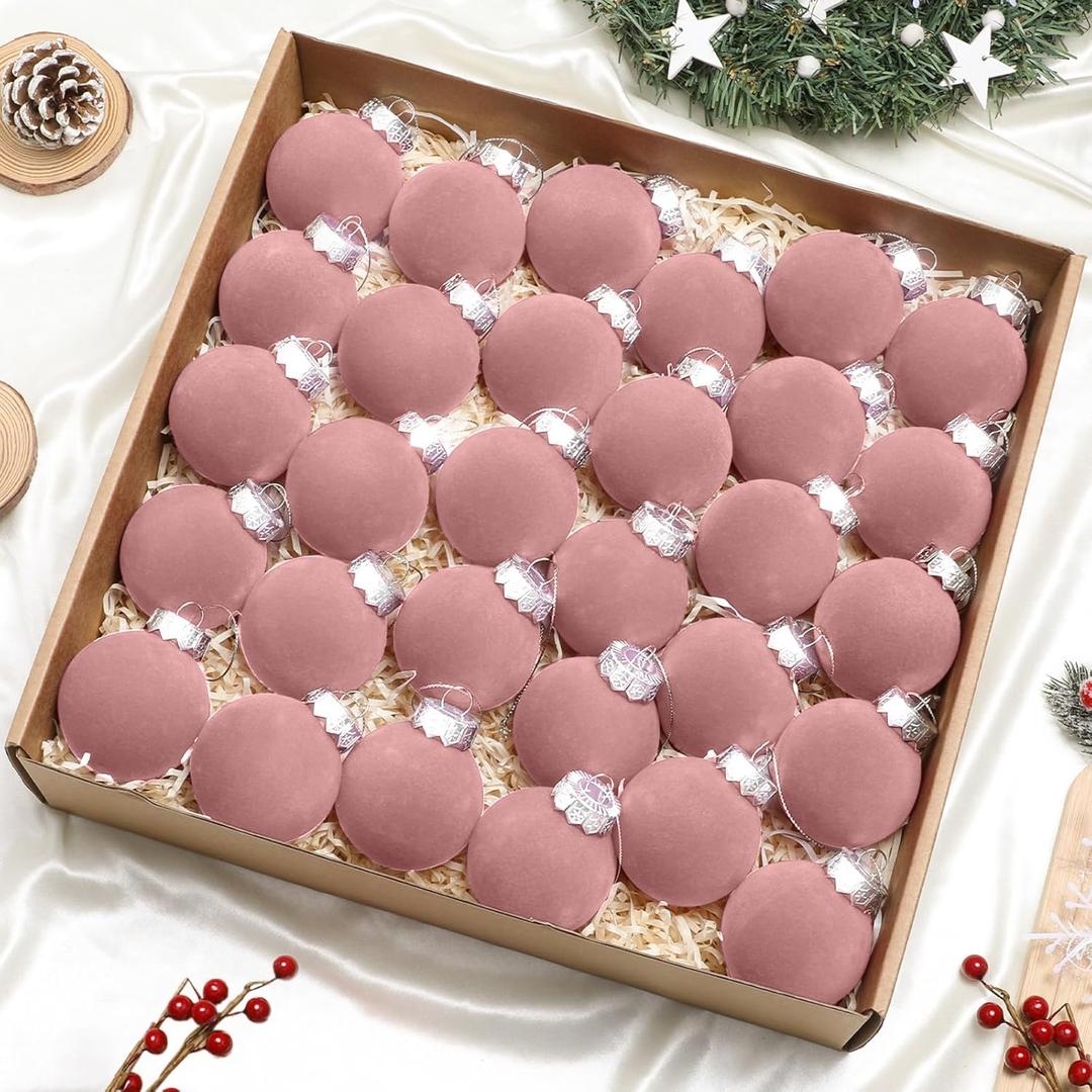 30 pcs Dusty Pink Flocked Velvet Christmas Tree Ball 2.4inch Christmas Tree Ornaments Shatterproof Plastic Decorative Hanging for Xmas Holiday Family Home Store Indoor Decor