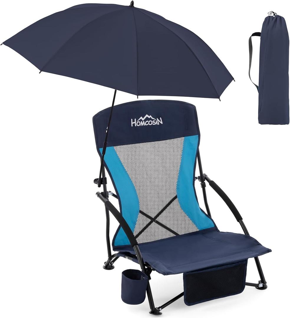Homcosan Portable Low Folding Beach Chair with Detachable Umbrella - Lightweight Camping Chair for Adults with Cup Holder & Storage Pocket, Carry Bag Included (Navy & Blue)