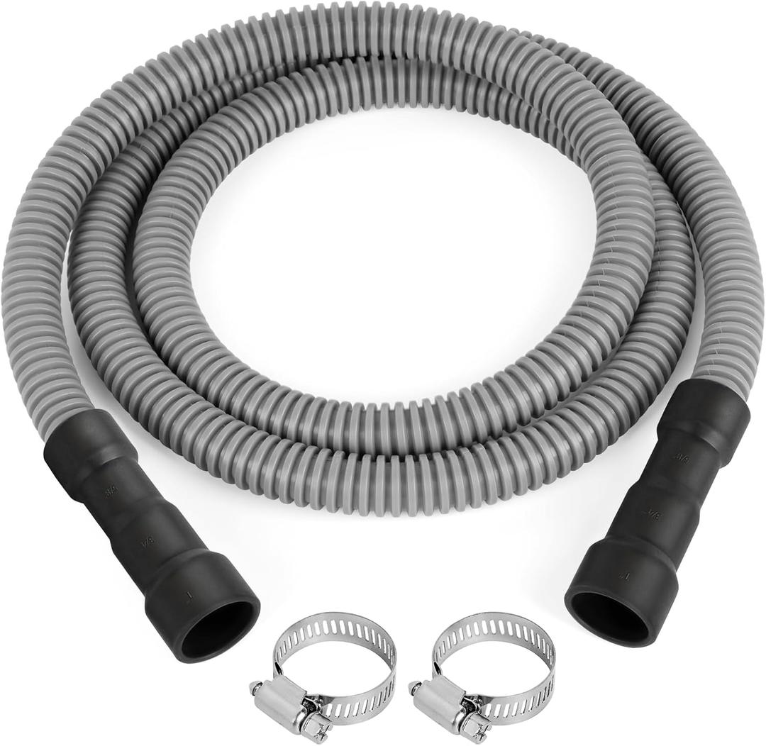 6FT Dishwasher Drain Hose, Flexible Corrugated Dishwasher Hose Replacement with 2 Clamps, Discharge Hose Universal Fit for 5/8", 3/4", 1" Dishwasher Connections