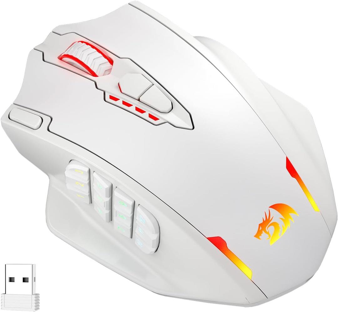 Redragon M913 Impact Elite Wireless Gaming Mouse, 16000 DPI Wired/Wireless RGB Mouse with 16 Programmable Buttons, 45 Hr Battery and Pro Optical Sensor, 12 Side Buttons MMO Mouse (White)