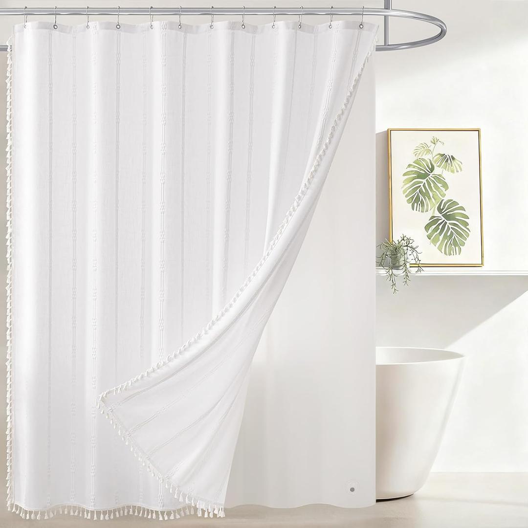 downluxe Linen Texture 3 in 1 Farmhouse Shower Curtain Set with Tassel, Boho Fabric Shower Curtains for Bathroom, White, 72W x 72L