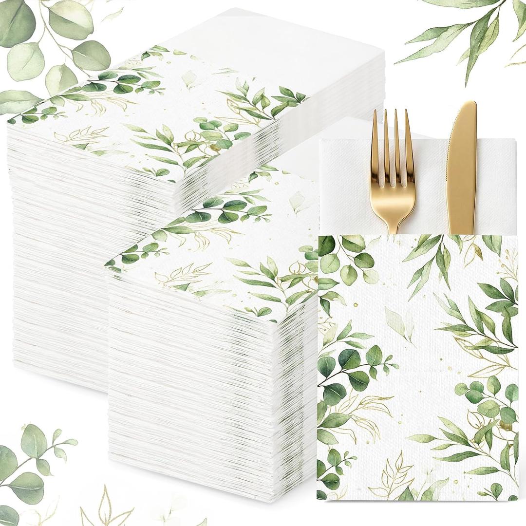 Potchen 100 Linen Feel Napkins Disposable Cloth Like Napkins Prefolded Hand Towel with Built-in Flatware Pocket Cocktail Hand Towel for Wedding Bridal Shower Supplies(100 Pcs,Green Eucalyptus Leaf)