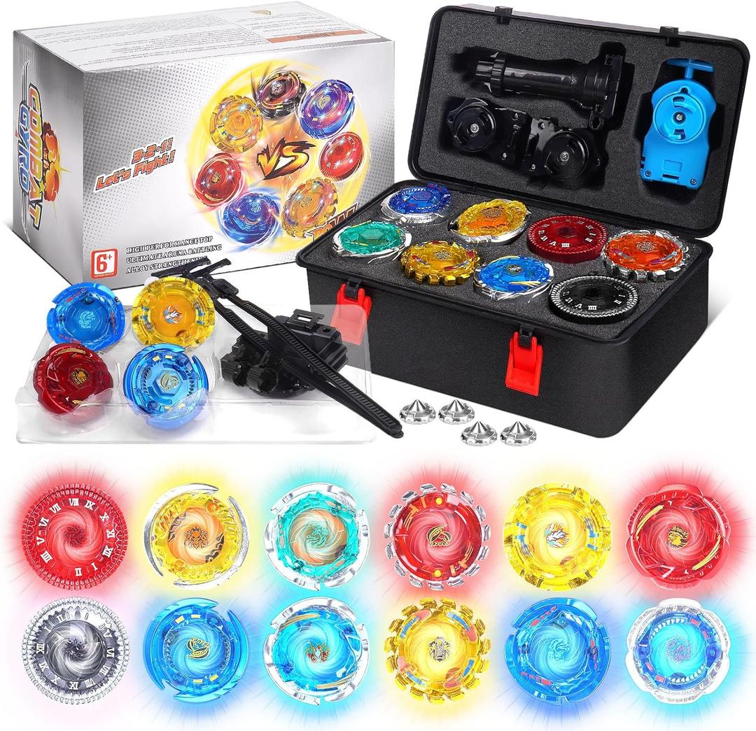 BUPASAK Battle Set with Portable Box, 12 Light Ignite Spinning Tops, 2 Launchers and 1 Girp, Metal Fusion Type, Birthday Gift Boys Toy for 6+ Year Old