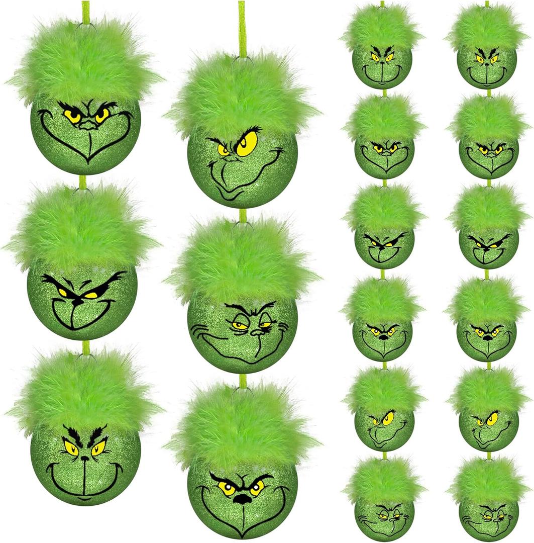 12PCS Christmas Ball Ornaments,6 Styles Glitter Christmas Tree Ornaments with Fuzzy Hair, Green Elf Balls Ornament Holiday Hanging Xmas Balls Baubles for Tree Decorations