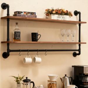 Industrial Pipe Shelving Wall Mounted,Pipe Shelves with Plank(2 Tier 42In) | With 8 S-Shaped Hooks,Solid Pine Wood,Easy to Assemble,Suitable for Bathrooms, Kitchens, Laundry rooms, Garages and Offices