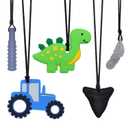 Chew Necklace for Sensory Kids, 5Pcs Chewy Necklaces for Boys and Girls with Autism ADHD PICA, Chewable Silicone Pendant for Reducing Fidget Anxiety,Dinosaur Tractor Chewing Pendants for Toddler