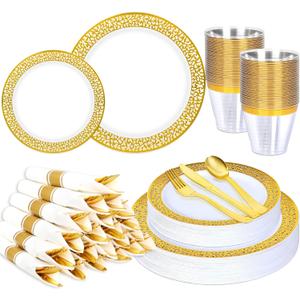140Pcs Gold Plastic Dinnerware for 20 Guests,Gold Lace Disposable Plasticc Plates Including 20 Dinner&Dessert Plates,Cups,Golden Plastic Silverware for Party,Birthday,Wedding