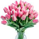 Sggvecsy 15 Pcs Fake Tulips Artificial Flowers Real Touch PU Faux Flowers Tulip Stems for Wedding Spring Bouquet Floral Arrangement Home Party Office Decorations for Mother's Day (Rose Pink)