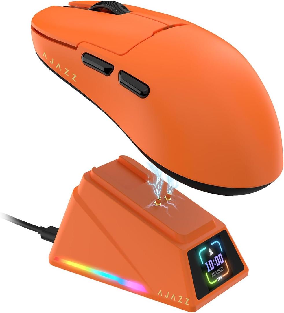 Yindiao AJAZZ AJ159 APEX Wireless Gaming Mouse with Magnetic Charging Base, 56g Lightweight BT/2.4G/USB-C Wired Mouse, PAW3950APEX 42K DPI Optical Sensor, Programmable Buttons for PC/Mac/Win(Orange)