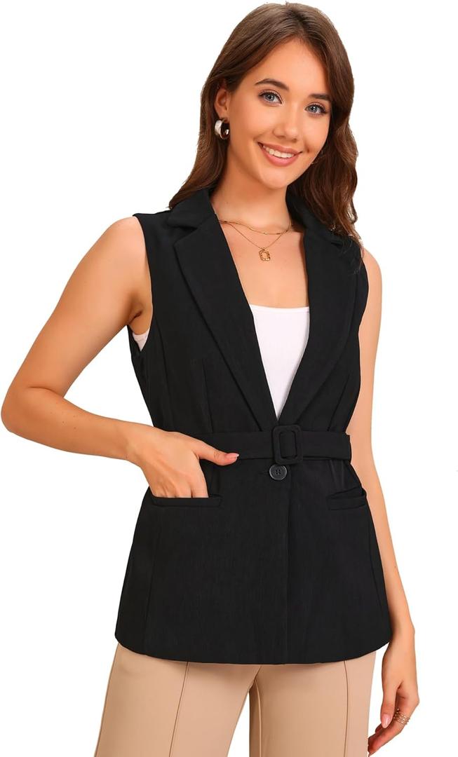 Allegra K Suit Vest for Women's Fashion Dressy Button Up Belted V Neck Sleeveless Waistcoat (Black, M)