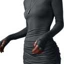 Floerns Women's Ruched Drawstring Long Sleeve Crew Neck Dress Casual Stretch Bodycon Short Dresses (Medium, Grey)