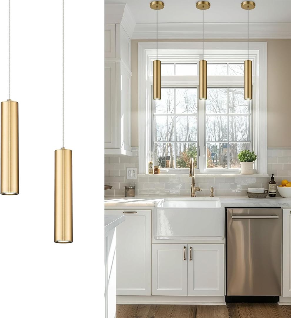 Brass Gold Pendant Light Fixture, Modern Hanging Light for Kitchen Island Dining Room Bedroom (2 Pack), PL4830-1P-BB
