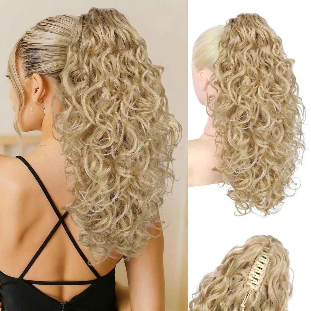 Flufymooz 100 Pure Protein Ponytail Extension, 18 Inch Curly Claw Clip Ponytail Hair Extensions Natural Soft pony tail hairpiece for women-Deep Blonde with Ash Blonde Highlights