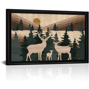 Visual Art Decor Deer Wall Art Cabin Wall Decor Minimalist Mountain Painting, Black Frame 16x12inch Rustic Farmhouse Living Room Bedroom Office Decoration