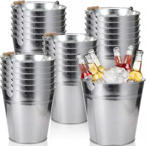 Didaey 24 Pcs 9 Quart Large Galvanized Metal Buckets with Handle Inch Heavy Duty Stainless Steel Pails Round Pail for Party Wedding, Crafts, Utensils, Table Centerpieces (Silver)