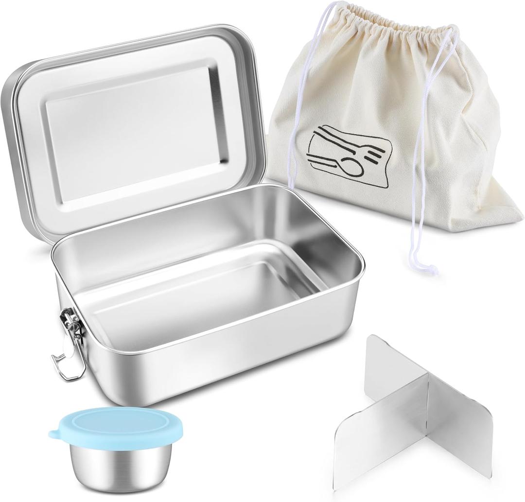 HaWare Lunch Box, 47oz (1400ml) Large Stainless Steel Bento Box with Condiment Container and Carrying Bag, 3 Compartment Food Container for Kids and Adults, Leak-Proof Metal Snack Box, Dishwasher Safe