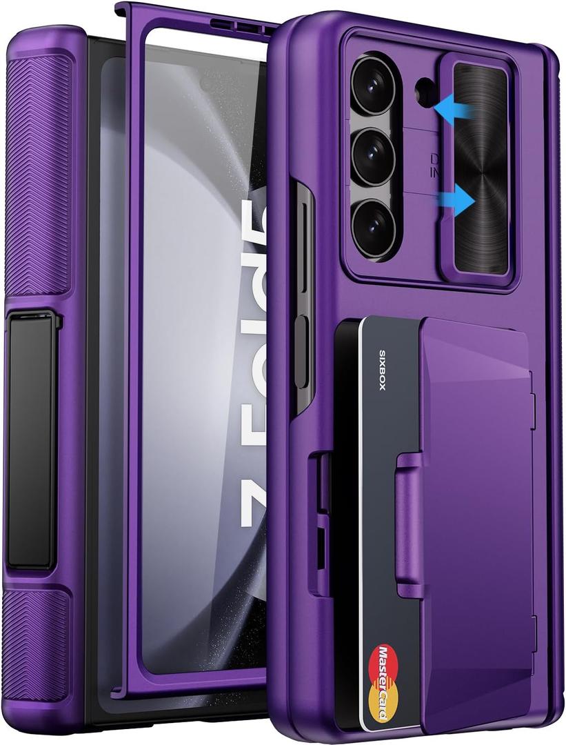 for Galaxy Z Fold 5 Case with Card Holder & Kickstand & Hinge Protection & Sliding Lens Cover, Built-in Screen Protector, Rugged Wallet Phone Case for Samsung Z Fold5, Dark Purple