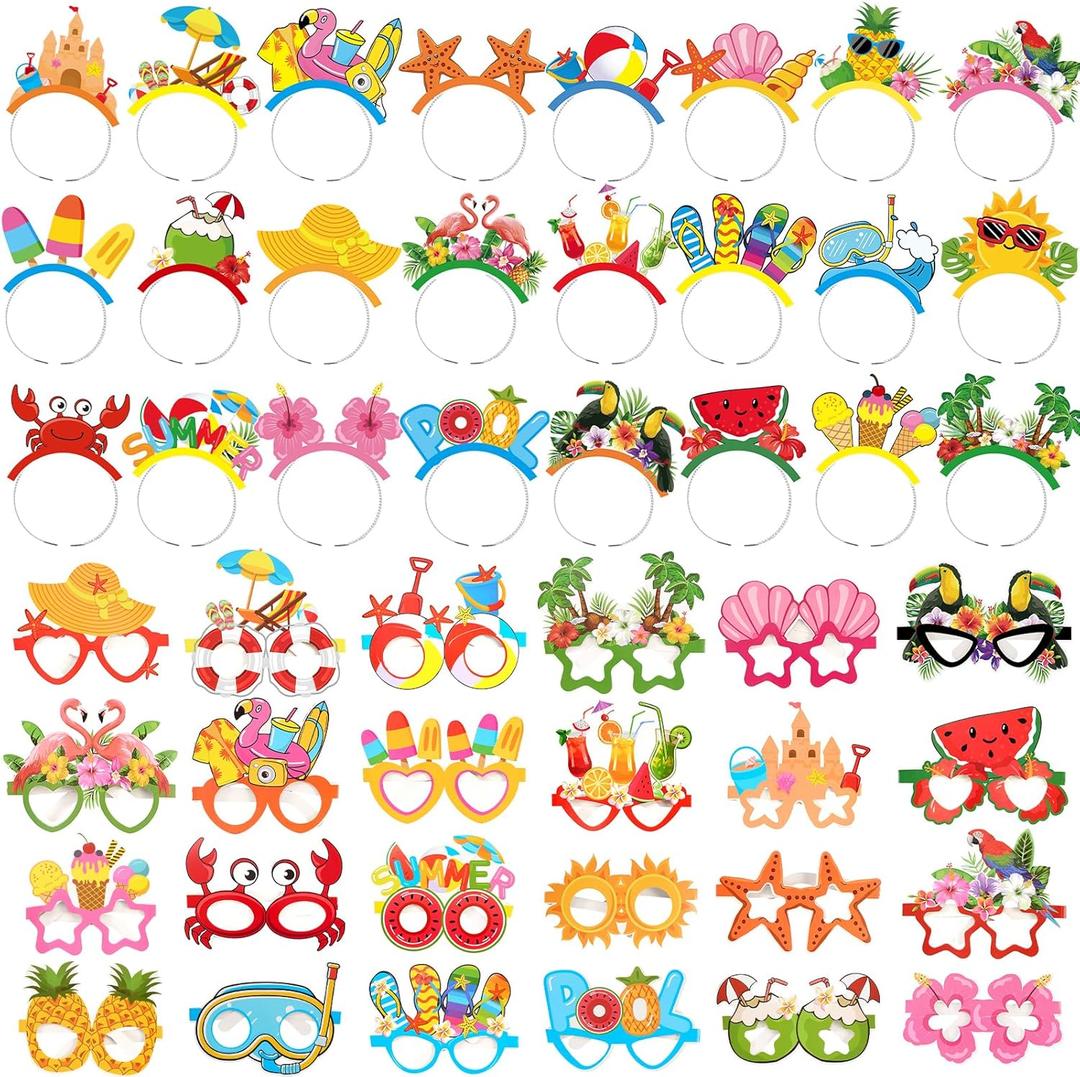 48 Pcs Luau Hawaiian Party Sunglasses Headbands Summer Pool Photo Props for Adults Tropical Party Supplies Decor(Summer)