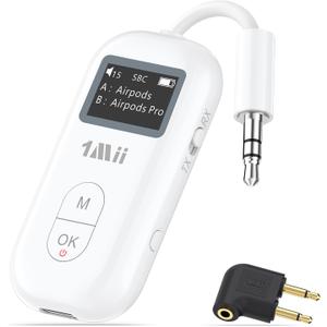 1Mii SafeFly Pro Bluetooth 5.3 Transmitter Receiver, Wireless Audio Adapter w/Screen for 2 Bluetooth Headphones, AptX LL/HD/AD, Use with Any 3.5MM Jack on Airplane, TV & iPad/Tablet