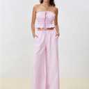 WDIRARA Women's Striped 2 Piece Pants Set Strapless Tie Bandeau Wide Leg Pants Outfits (Pink, XL)