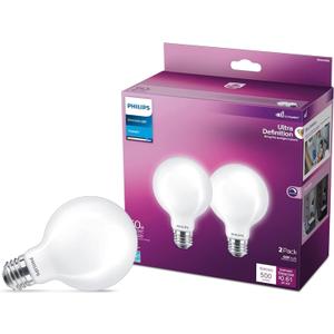 PHILIPS LED 60W G25 2-Pack Ultra Definition Daylight (5000K) 500 Lumen (5W = 60W) Dimmable Frosted Flicker-Free Light Bulbs